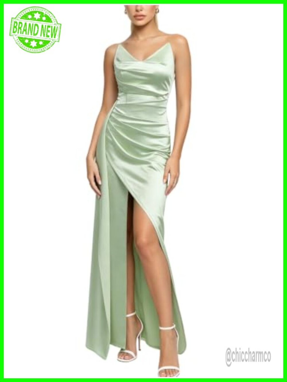 Thick Satin Strapless Maxi Dress Ruched Slit Prom Party Gown